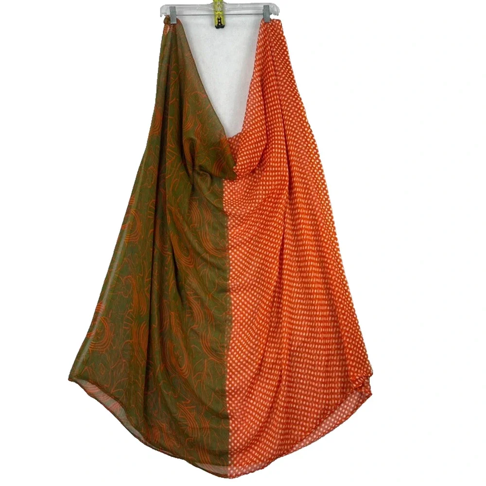 Scarf Wrap Shawl Polka Dot Floral Semi-Sheer XL Long Orange Green Vtg